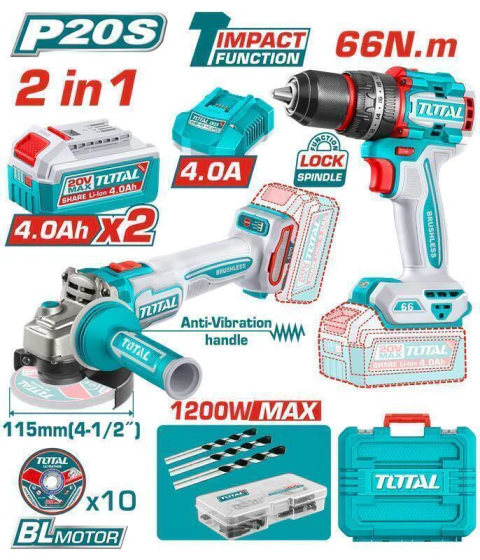 Kit Taladro Percutor + Amoladora Angular INDUSTRIAL TOTAL TCKLI20256-4