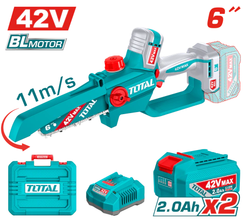 Sierra Podadora 42V BL 6" INDUSTRIAL TOTAL TGSLI42681-4 (MALETIN, CARGADOR, Y 2 BATERIAS 2Ah)
